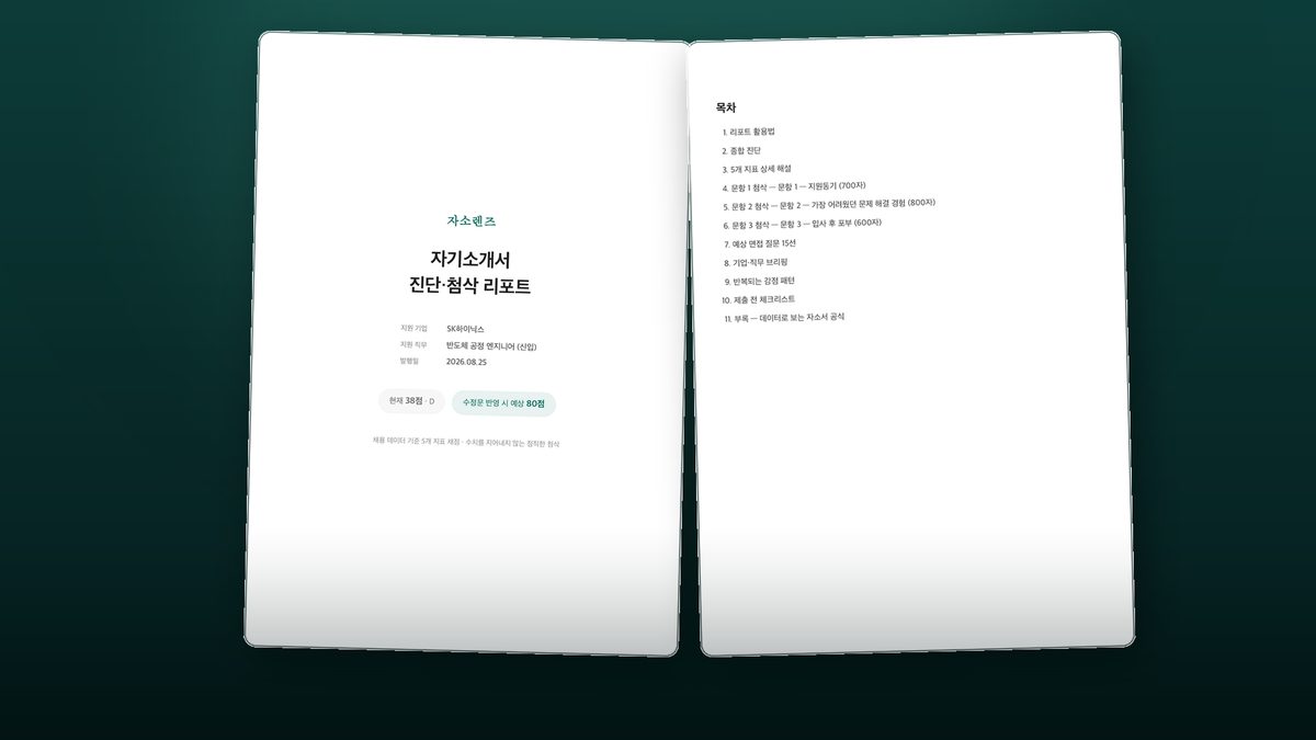 예시 리포트 표지. 총점과 등급이 표시되어 있다